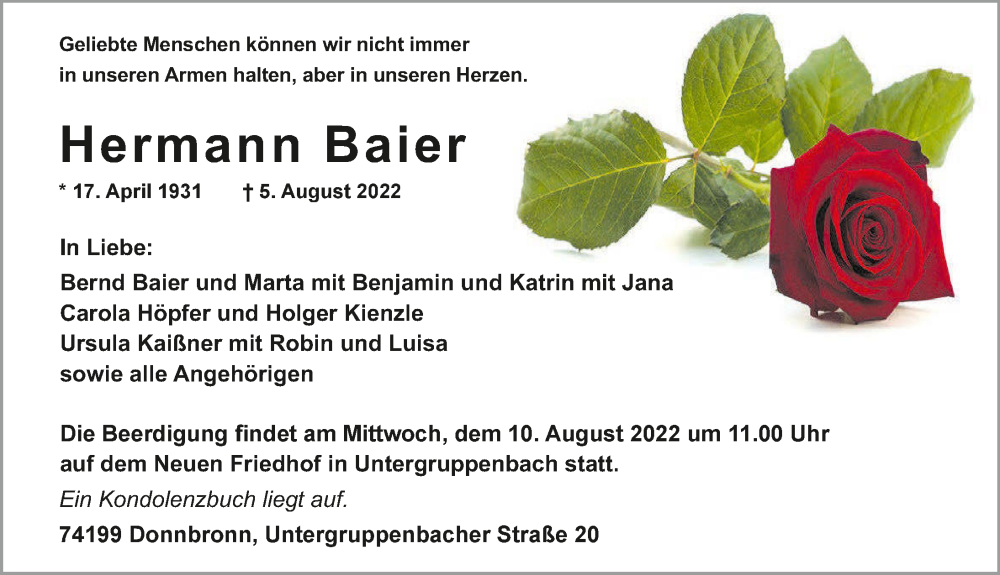  Traueranzeige für Hermann Baier vom 06.08.2022 aus GESAMT