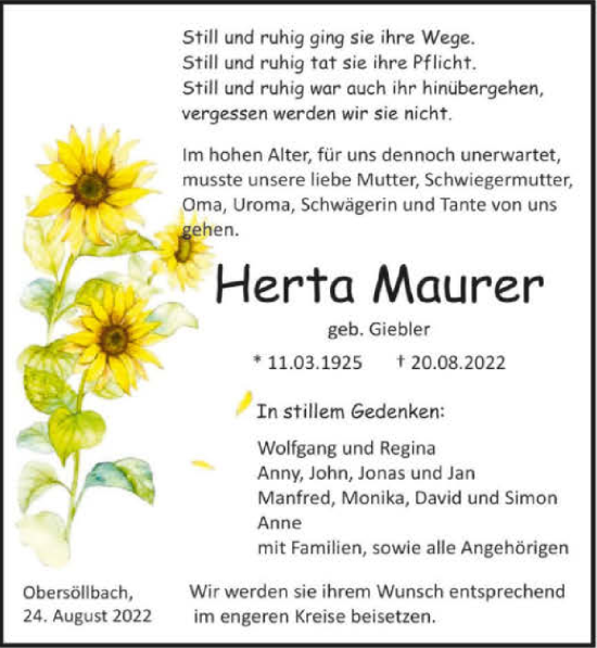 Traueranzeige von Herta Maurer von GESAMT