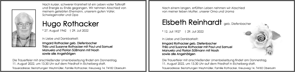  Traueranzeige für Hugo Rothacker vom 06.08.2022 aus GESAMT