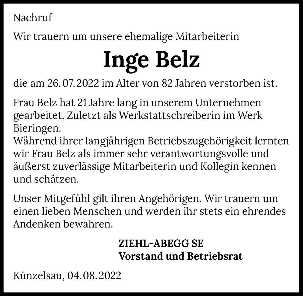  Traueranzeige für Inge Belz vom 05.08.2022 aus GESAMT