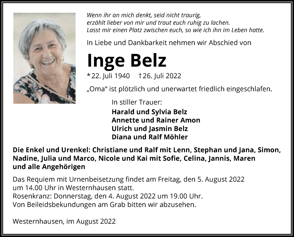  Traueranzeige für Inge Belz vom 03.08.2022 aus GESAMT
