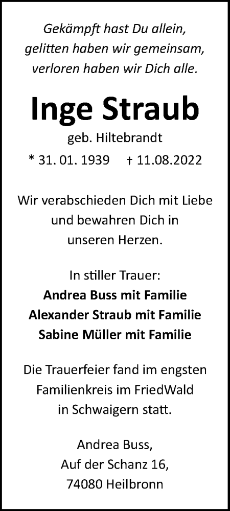 Traueranzeige von Inge Straub von GESAMT
