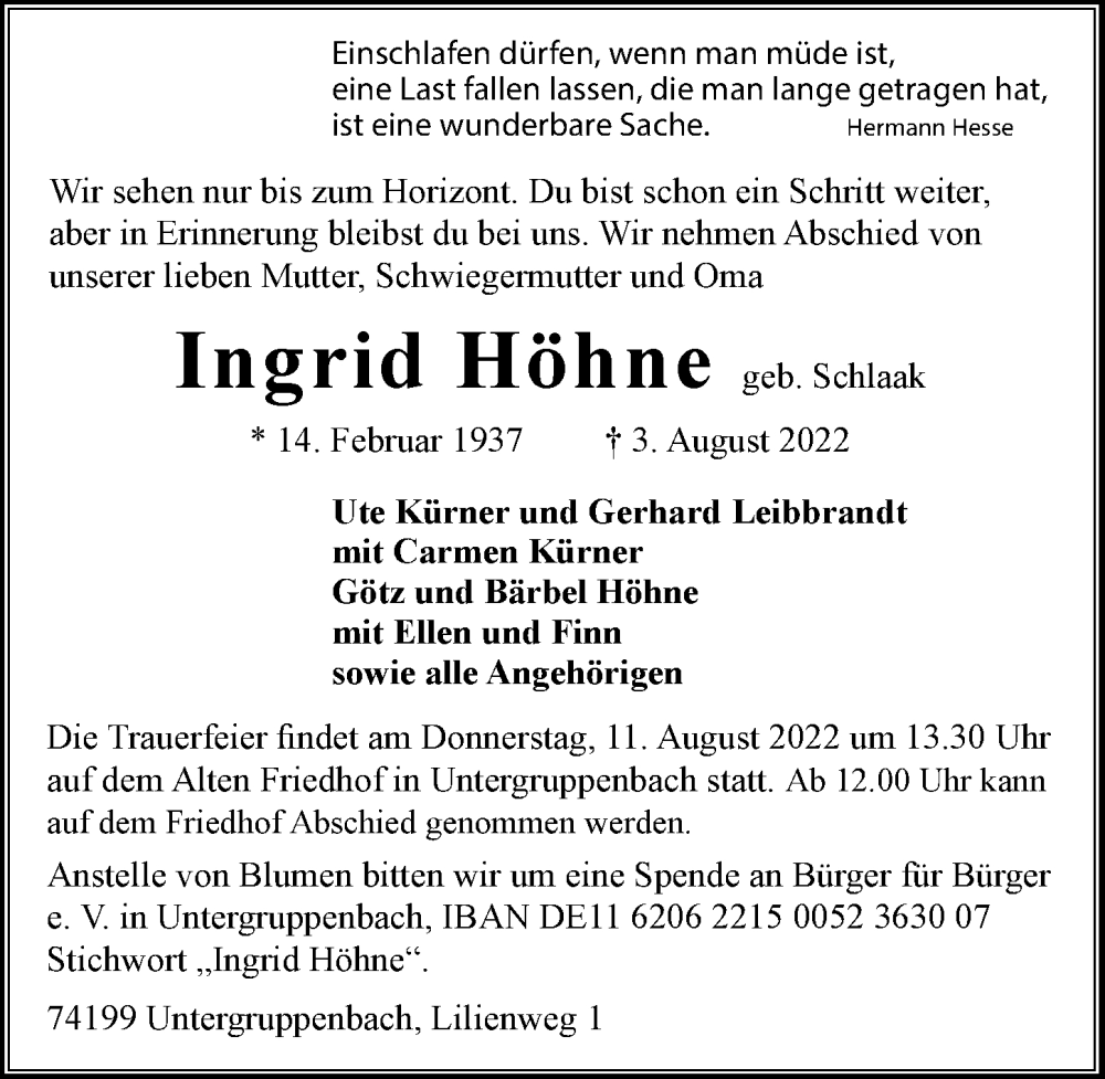 Traueranzeige für Ingrid Höhne vom 06.08.2022 aus GESAMT