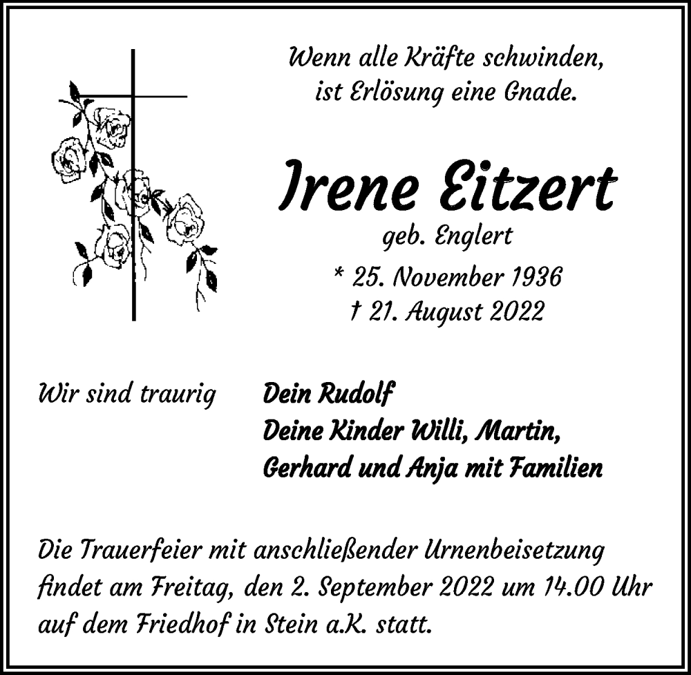  Traueranzeige für Irene Eitzert vom 30.08.2022 aus GESAMT