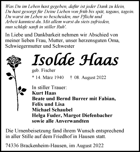 Traueranzeige von Isolde Haas von GESAMT