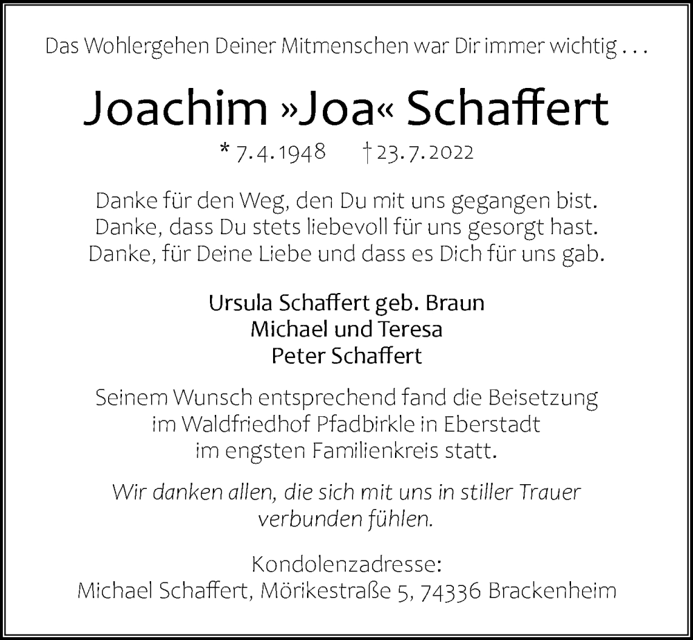  Traueranzeige für Joachim Schaffert vom 06.08.2022 aus GESAMT