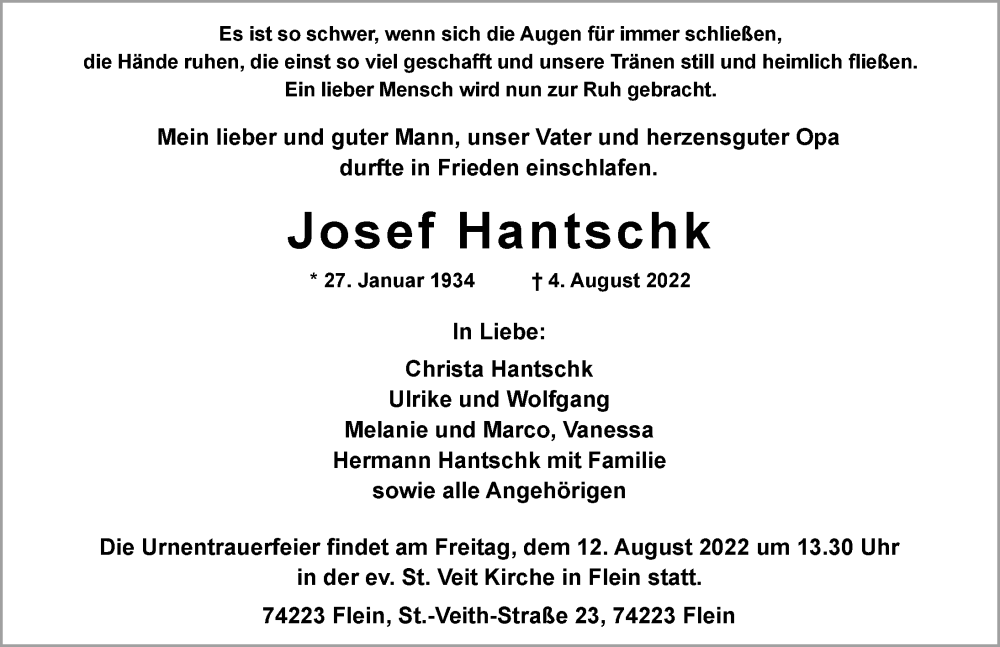  Traueranzeige für Josef Hantschk vom 06.08.2022 aus GESAMT