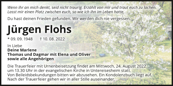 Traueranzeige von Jürgen Flohs von GESAMT
