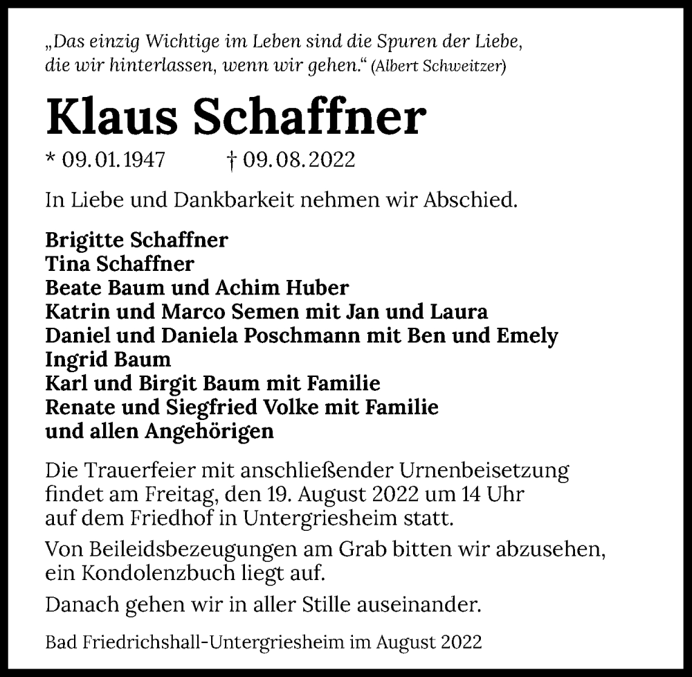  Traueranzeige für Klaus Schaffner vom 16.08.2022 aus GESAMT