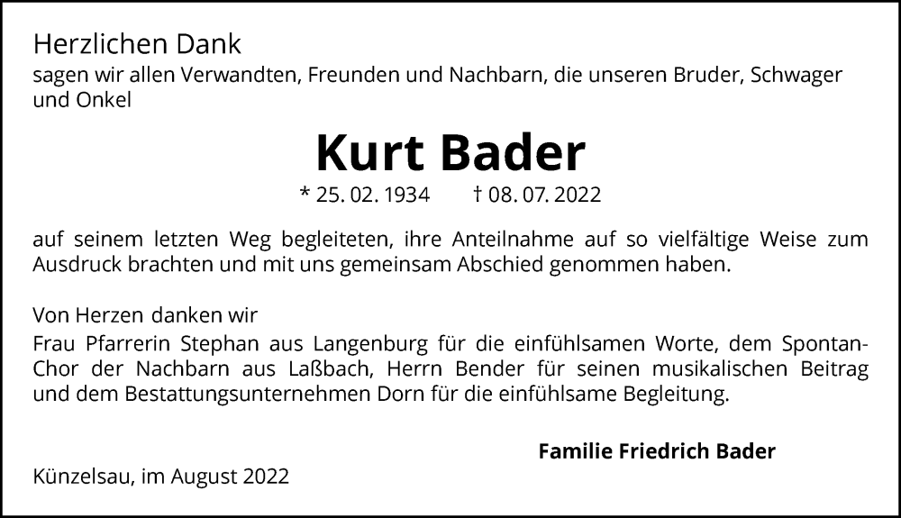  Traueranzeige für Kurt Bader vom 12.08.2022 aus GESAMT