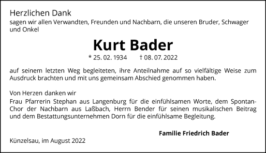 Traueranzeige von Kurt Bader von GESAMT