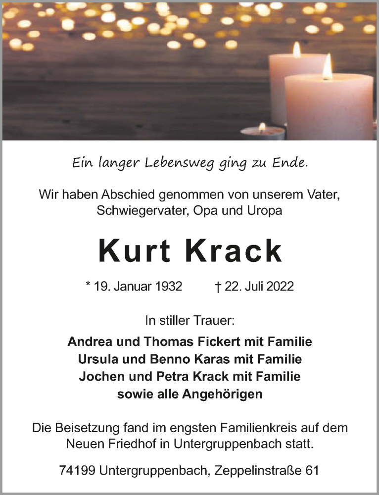  Traueranzeige für Kurt Krack vom 06.08.2022 aus GESAMT