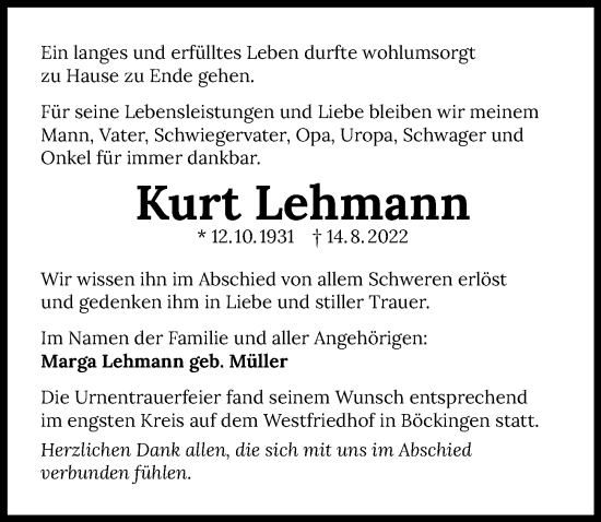 Traueranzeige von Kurt Lehmann von GESAMT