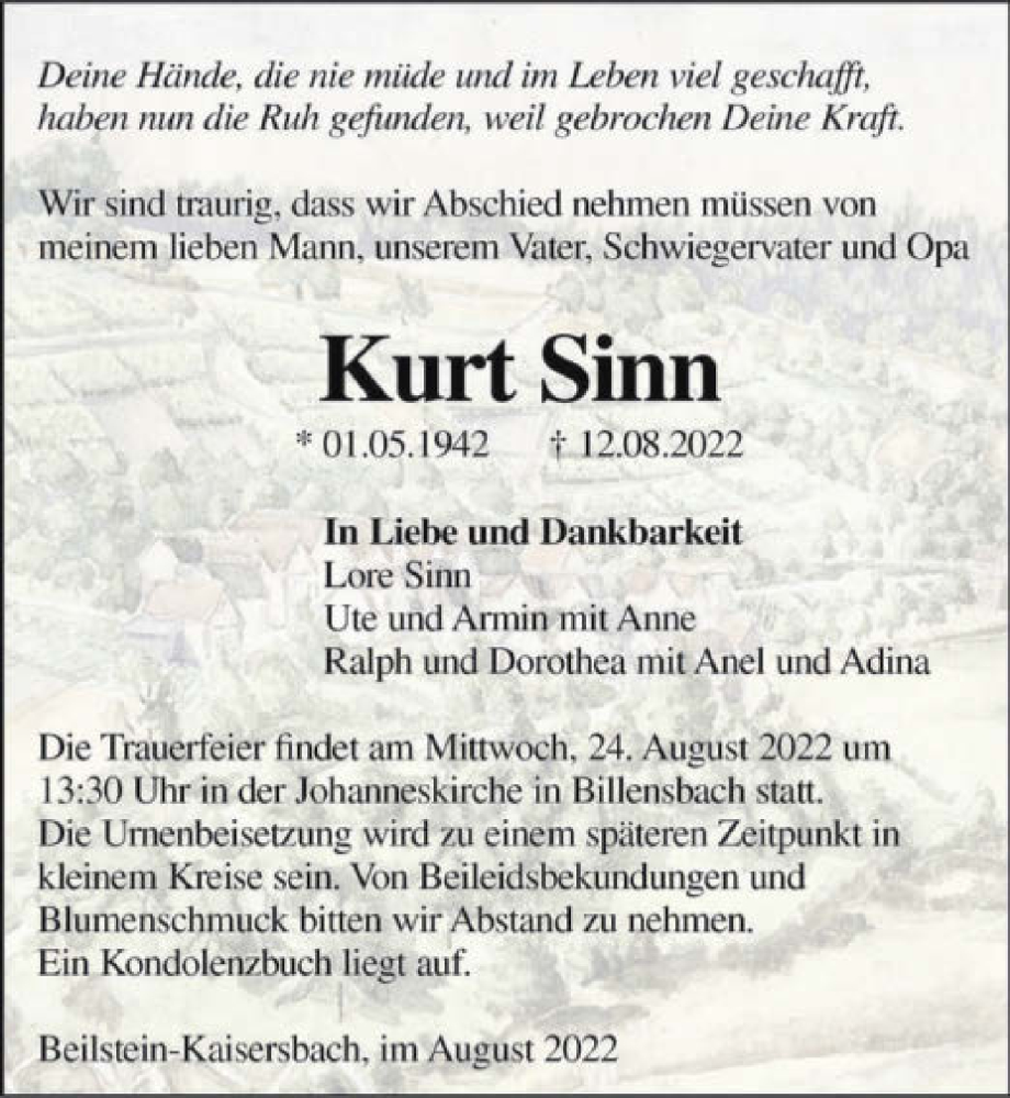  Traueranzeige für Kurt Sinn vom 18.08.2022 aus GESAMT