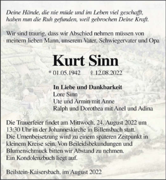 Traueranzeige von Kurt Sinn von GESAMT