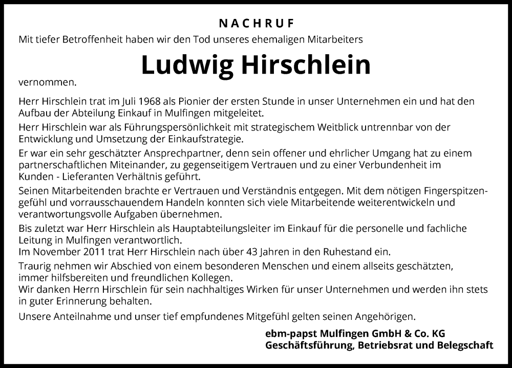  Traueranzeige für Ludwig Hirschlein vom 03.08.2022 aus GESAMT