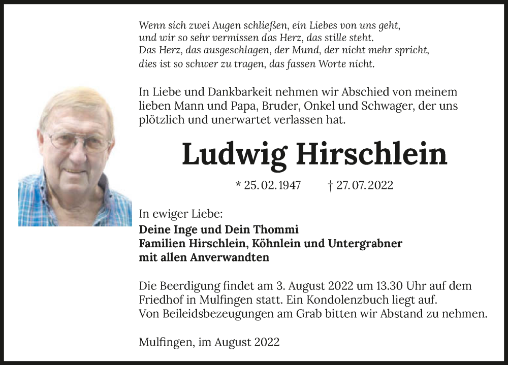  Traueranzeige für Ludwig Hirschlein vom 02.08.2022 aus GESAMT