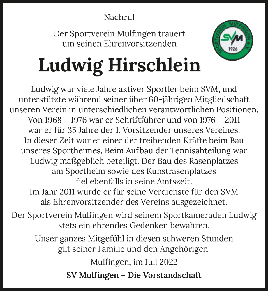  Traueranzeige für Ludwig Hirschlein vom 02.08.2022 aus GESAMT