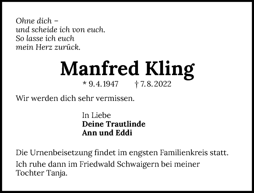  Traueranzeige für Manfred Kling vom 13.08.2022 aus GESAMT