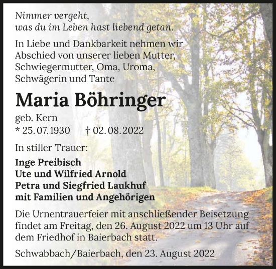 Traueranzeige von Maria Böhringer von GESAMT