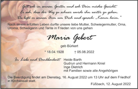Traueranzeige von Maria Gebert von GESAMT