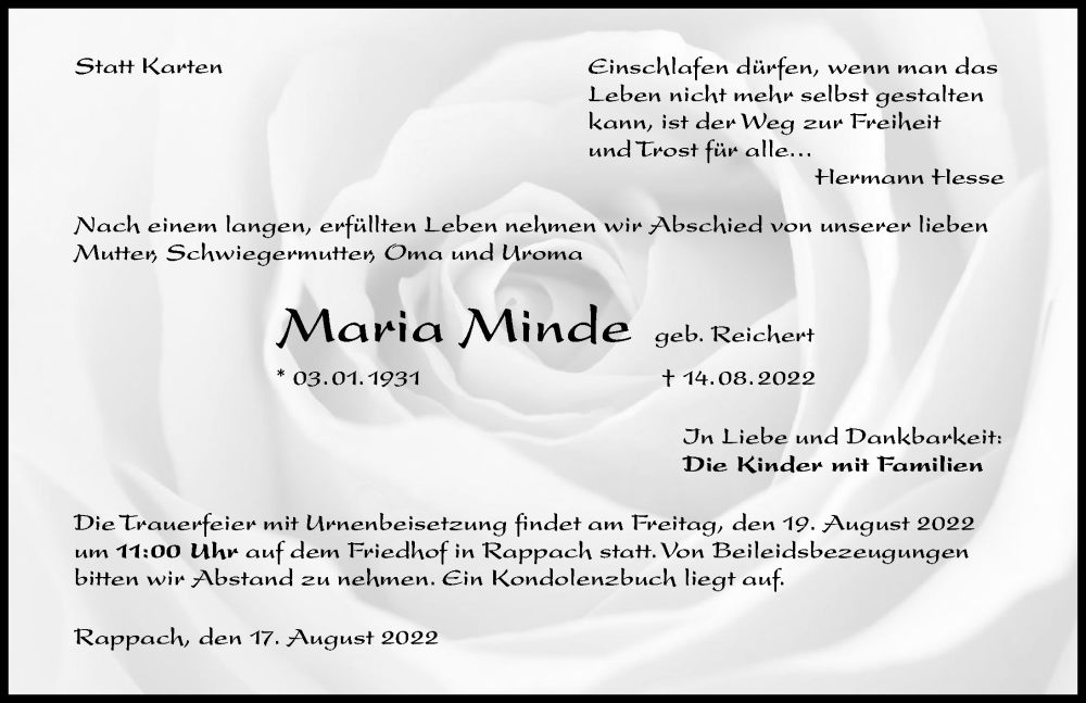  Traueranzeige für Maria Minde vom 17.08.2022 aus GESAMT
