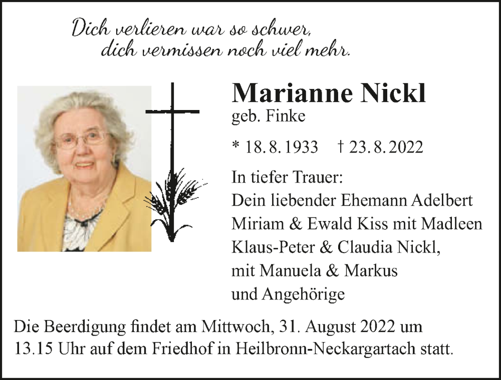  Traueranzeige für Marianne Nickl vom 27.08.2022 aus GESAMT