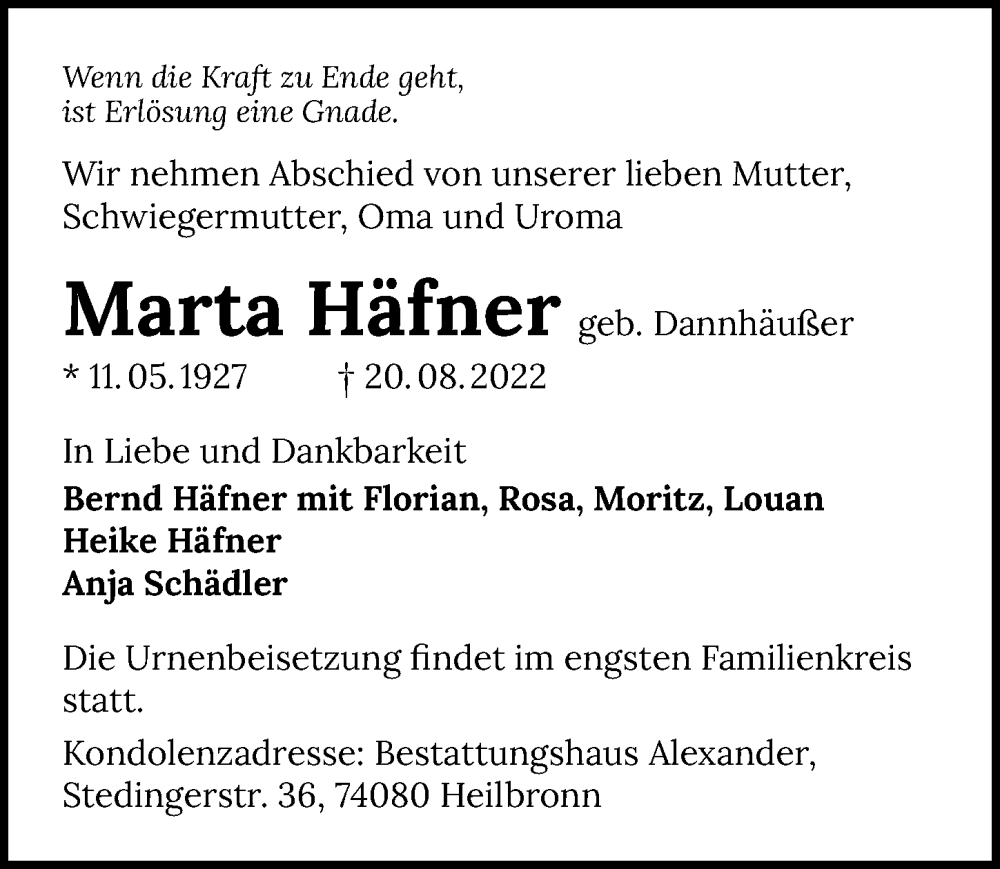  Traueranzeige für Marta Häfner vom 27.08.2022 aus GESAMT