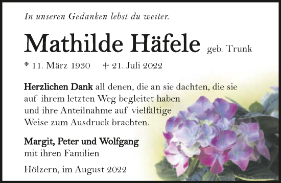 Traueranzeige von Mathilde Häfele von GESAMT