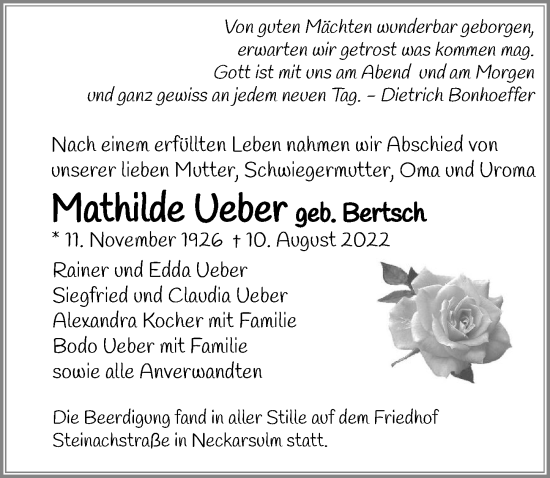 Traueranzeige von Mathilde Ueber von GESAMT