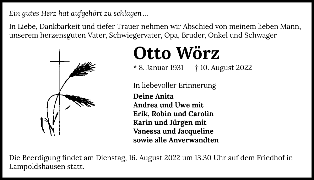  Traueranzeige für Otto Wörz vom 13.08.2022 aus GESAMT