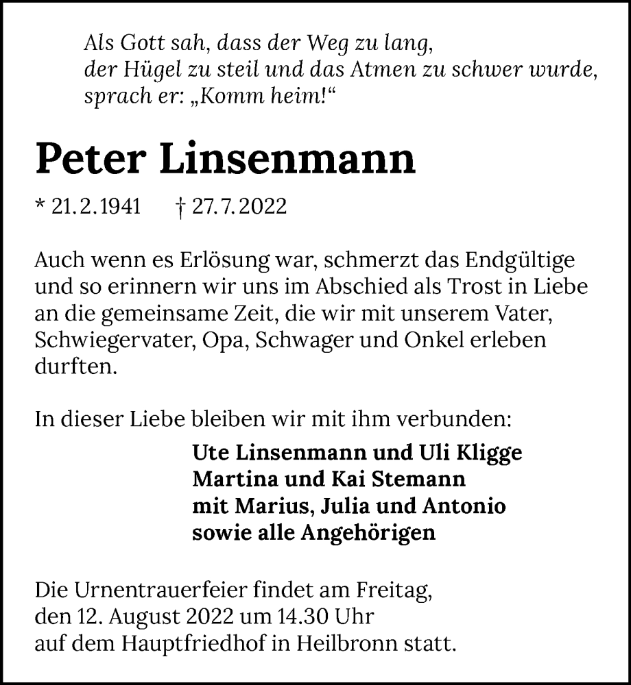  Traueranzeige für Peter Linsemann vom 06.08.2022 aus GESAMT