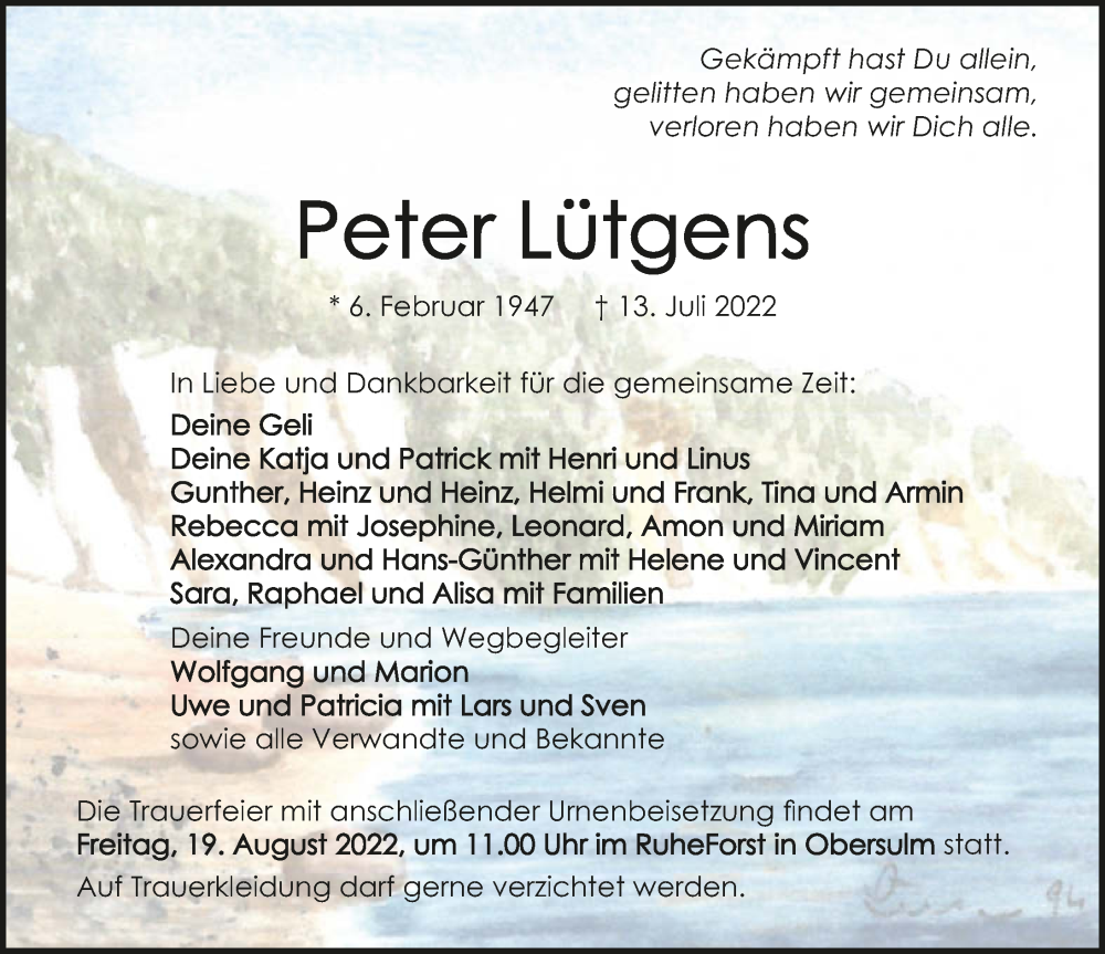  Traueranzeige für Peter Lütgens vom 10.08.2022 aus GESAMT
