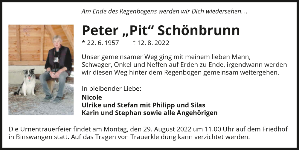  Traueranzeige für Peter Schönbrunn vom 20.08.2022 aus GESAMT