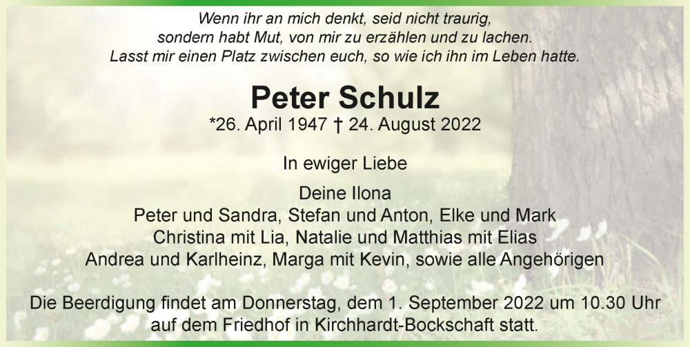  Traueranzeige für Peter Schulz vom 30.08.2022 aus GESAMT