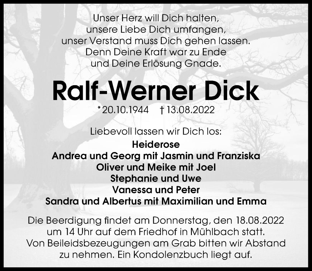  Traueranzeige für Ralf-Werner Dick vom 17.08.2022 aus GESAMT