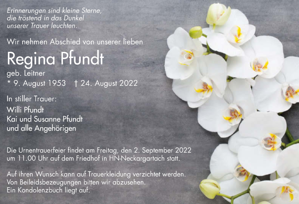  Traueranzeige für Regina Pfundt vom 30.08.2022 aus GESAMT