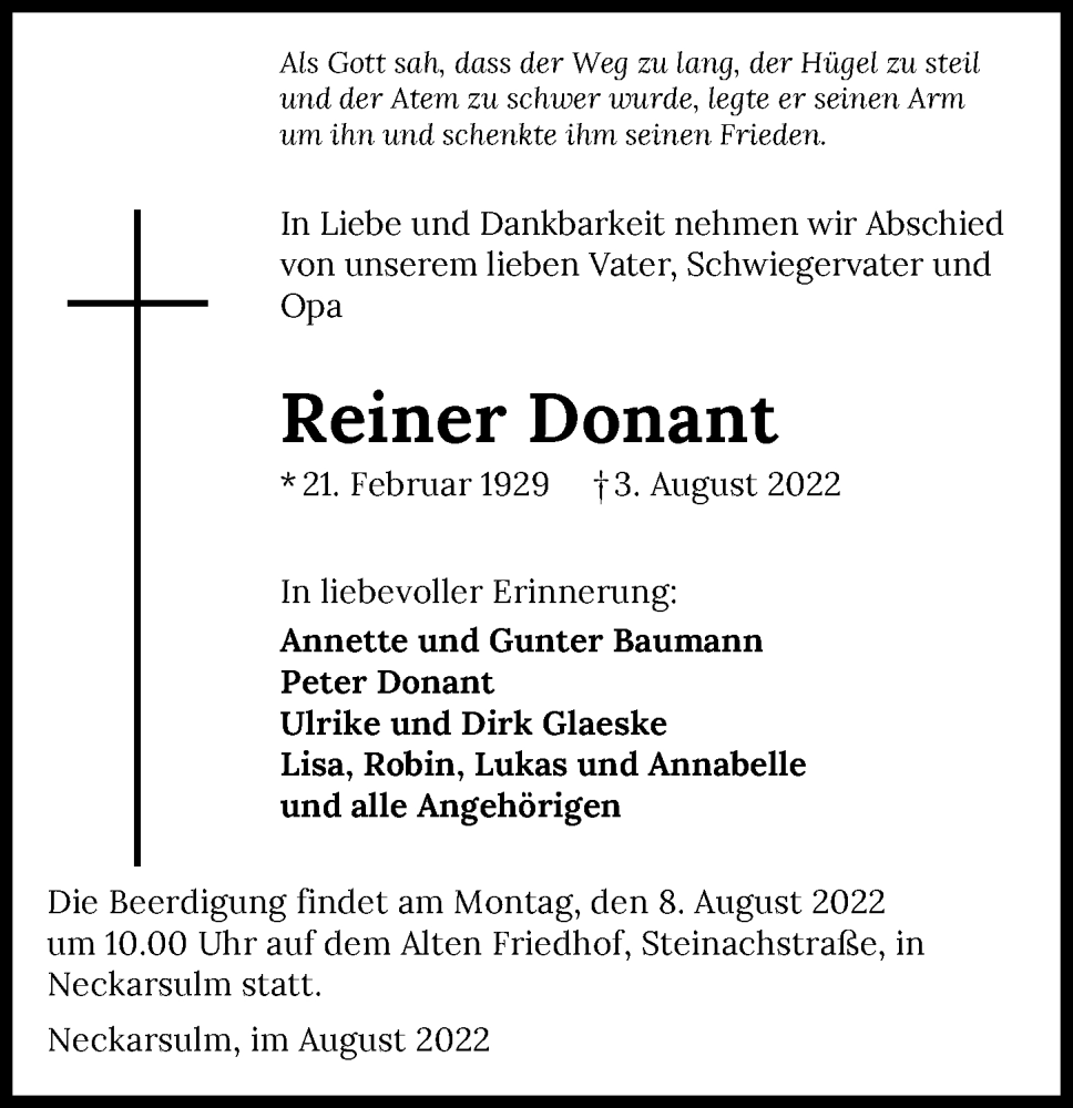  Traueranzeige für Reiner Donant vom 06.08.2022 aus GESAMT