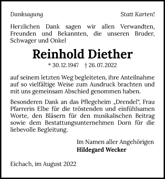 Traueranzeige von Reinhold Diether von GESAMT
