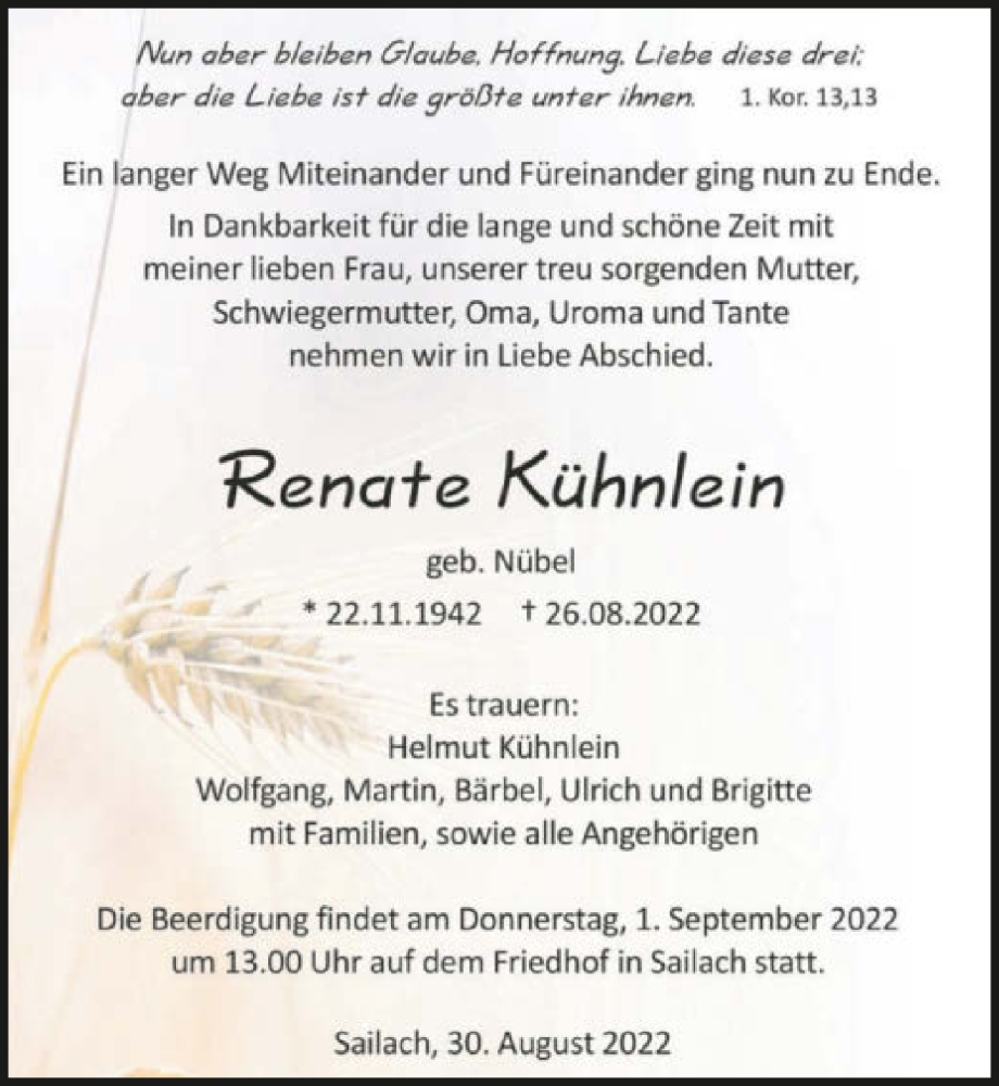  Traueranzeige für Renate Kühnlein vom 30.08.2022 aus GESAMT