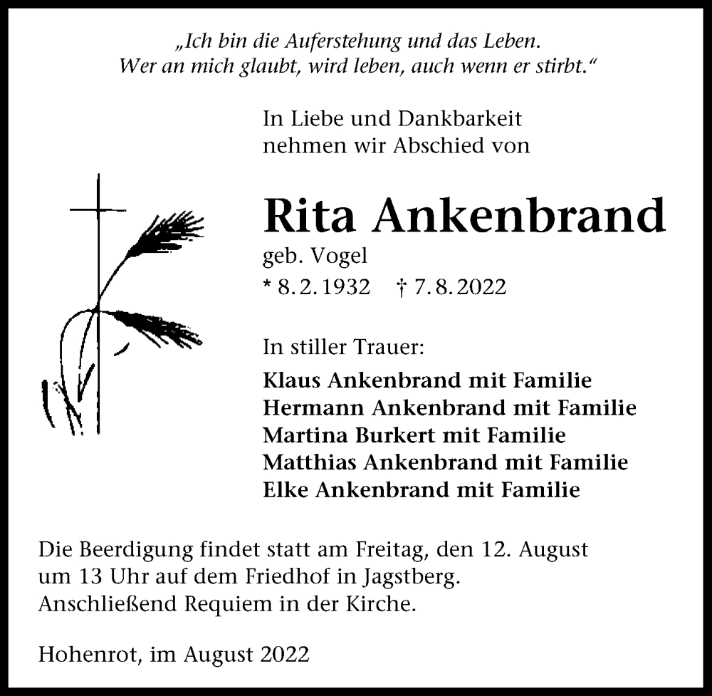  Traueranzeige für Rita Ankenbrand vom 11.08.2022 aus GESAMT