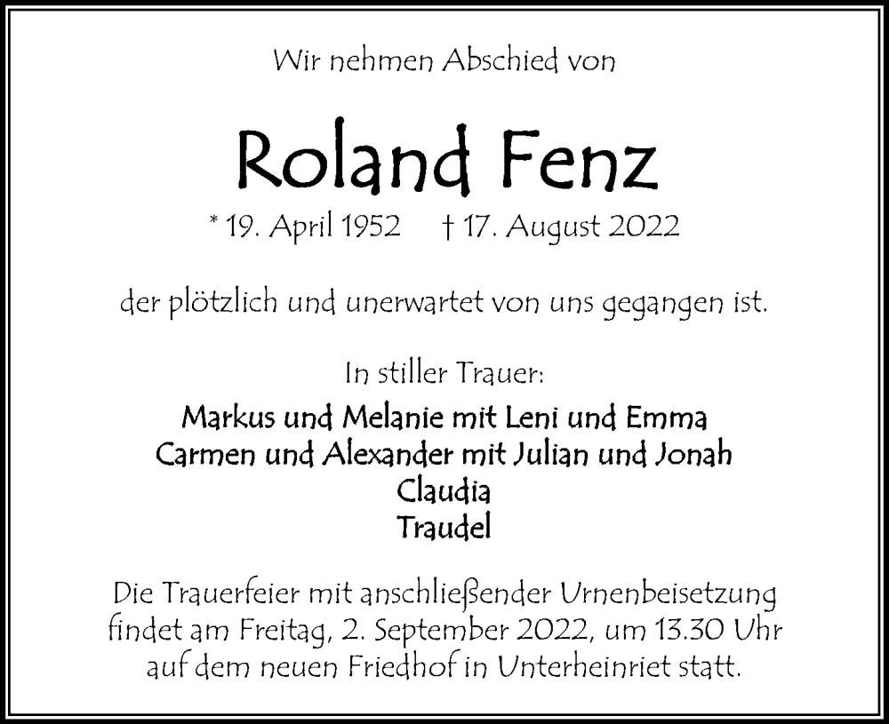  Traueranzeige für Roland Fenz vom 27.08.2022 aus GESAMT