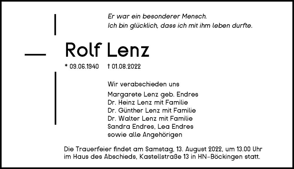  Traueranzeige für Rolf Lenz vom 06.08.2022 aus GESAMT