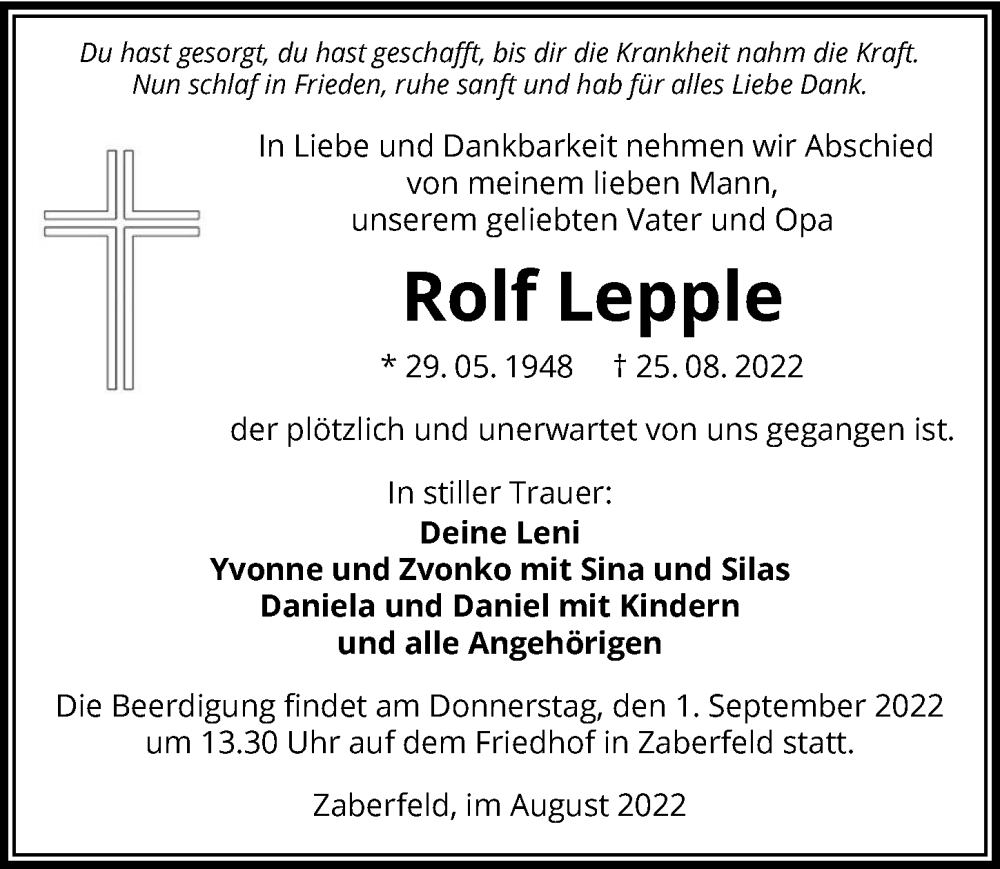  Traueranzeige für Rolf Lepple vom 30.08.2022 aus GESAMT