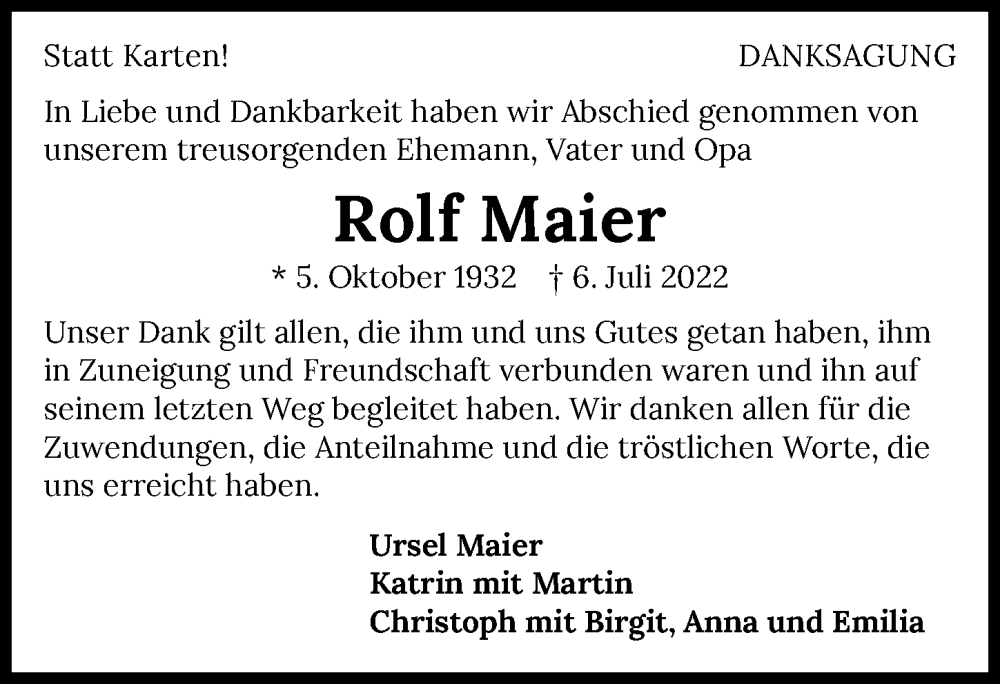 Traueranzeigen von Rolf Maier www.trauerundgedenken.de
