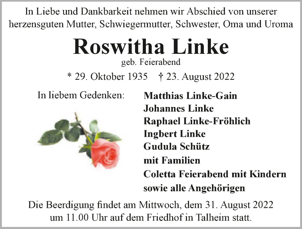  Traueranzeige für Roswitha Linke vom 27.08.2022 aus GESAMT
