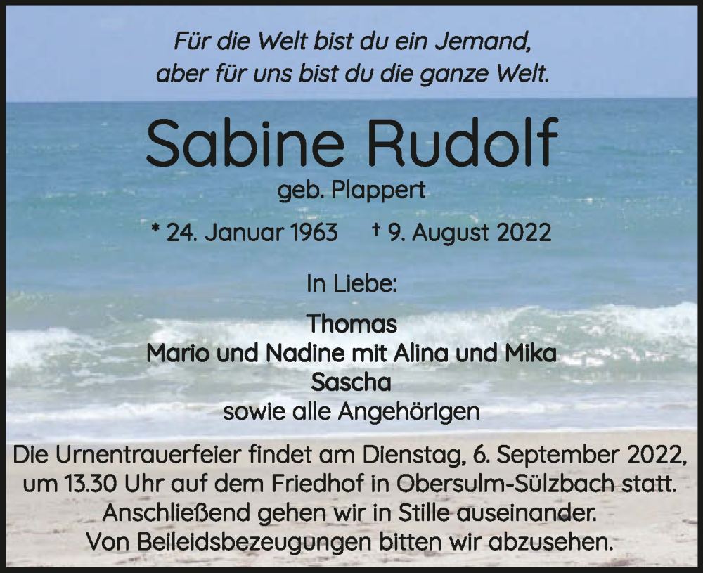 Traueranzeige für Sabine Rudolf vom 27.08.2022 aus GESAMT