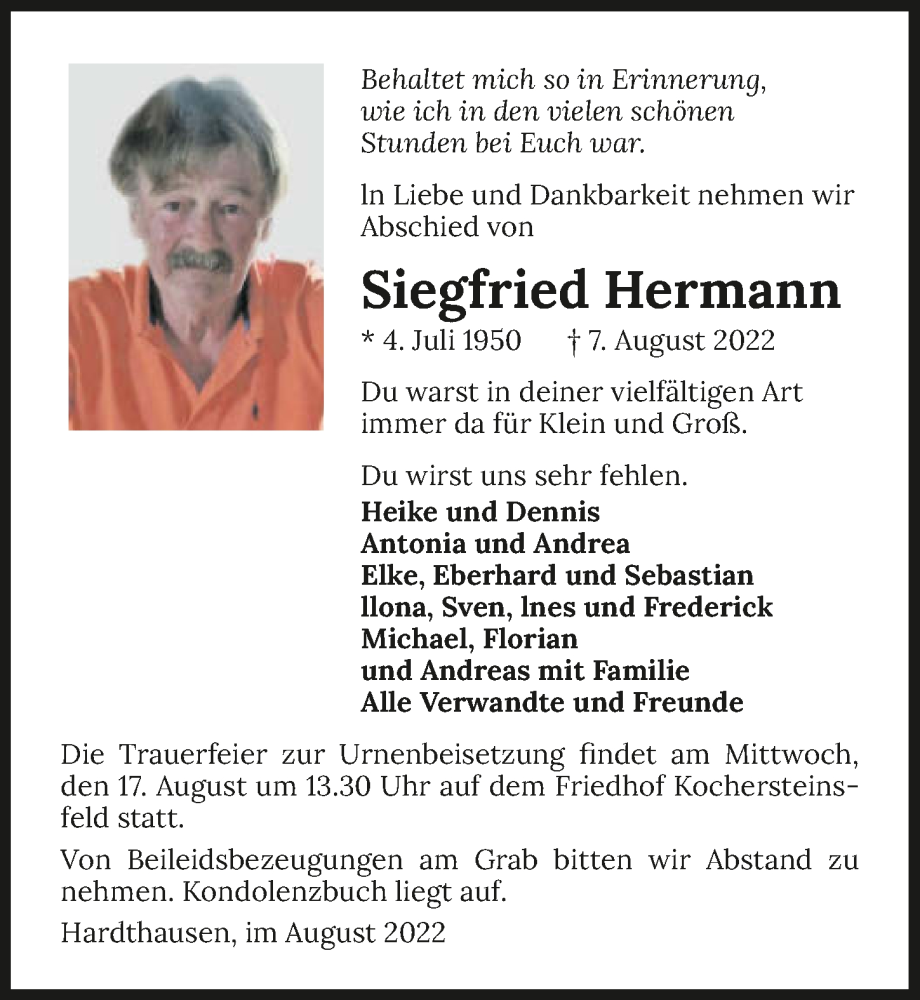  Traueranzeige für Siegfried Hermann vom 13.08.2022 aus GESAMT