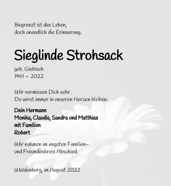 Traueranzeige von Sieglinde Strohsack von GESAMT
