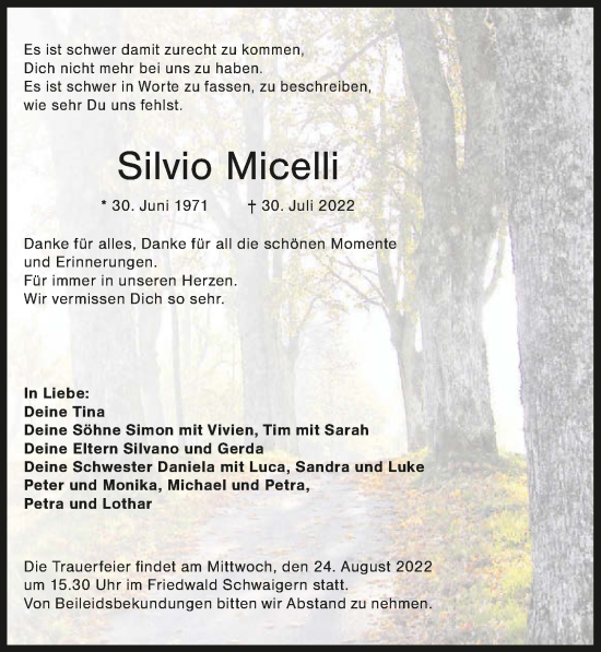Traueranzeige von Silvio Micelli von GESAMT